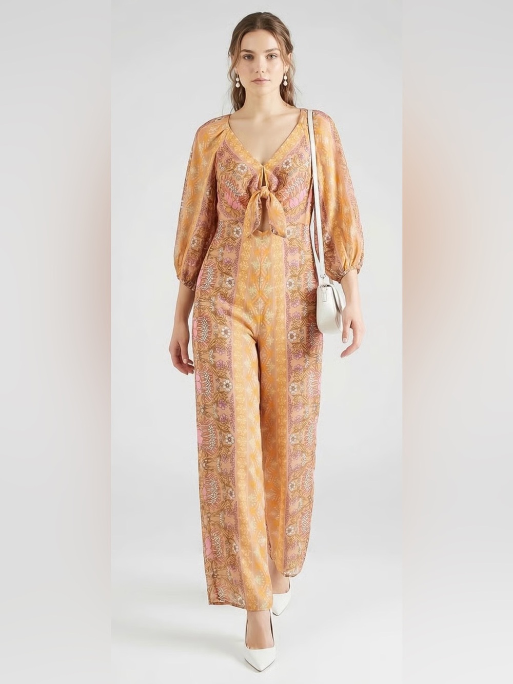 Sandro Pink and Yellow Retro-Inspired Floral Tie-Front Jumpsuit, NWOT. Size 36